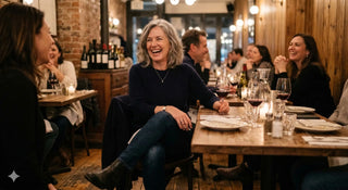 People enjoying a meal together at a restaurant with wine bottles and glasses on the table.