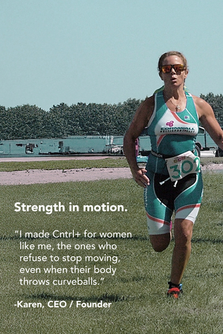 Woman running with a quote about strength in motion on a grassy field.
