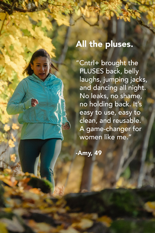 Woman running outdoors with text overlay about pluses product